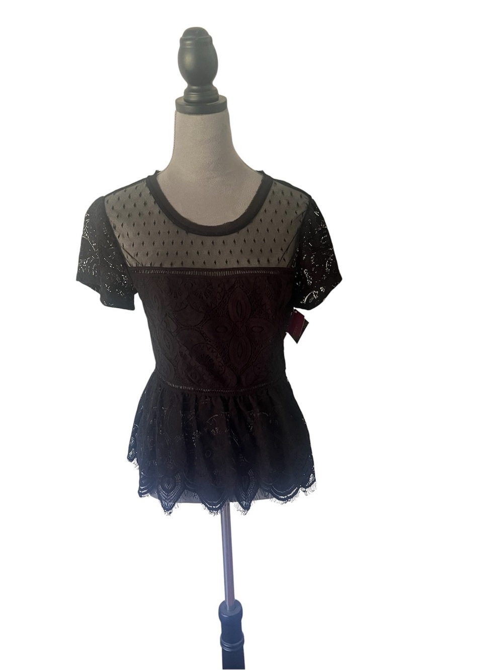 Xhilaration Black Lace Peplum Top with Sheer Yoke